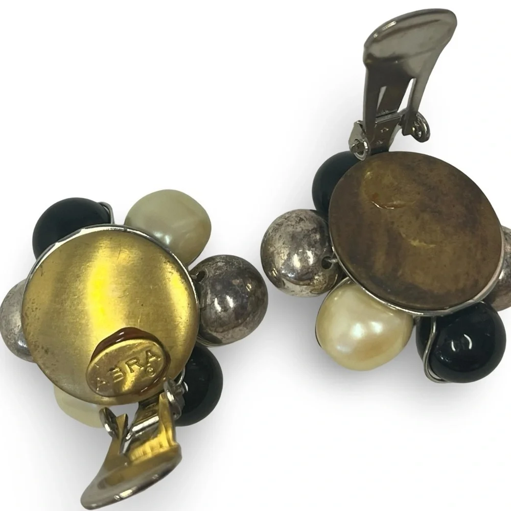 Vintage Abra Black Silver Pearl Clip On Earrings